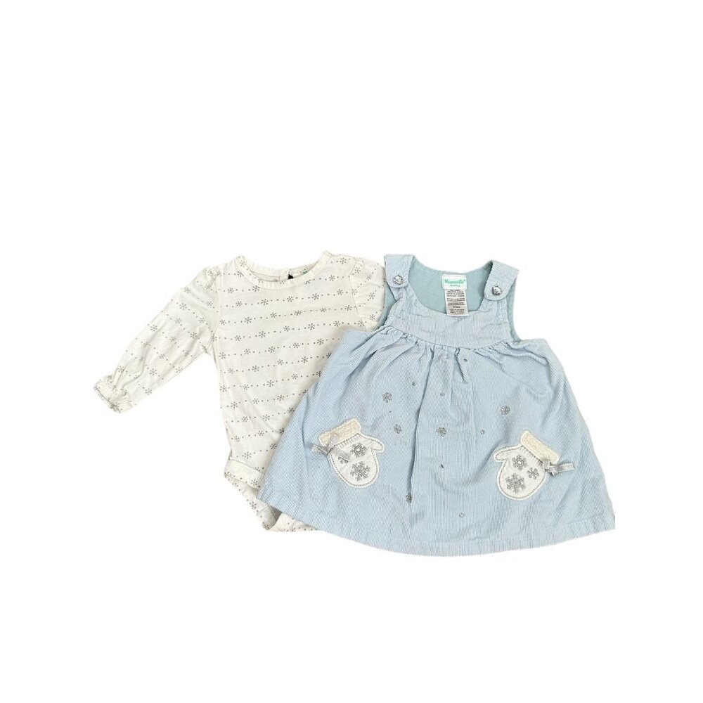 Nannette Baby 3/6M Blue Corduroy Dress & White Onesie Set With Snowflake Mitten